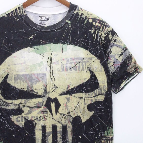 Vintage Marvel Shirt Men Black & Tan Short Sleeve Punisher All Over Print Logo M - Picture 2 of 8